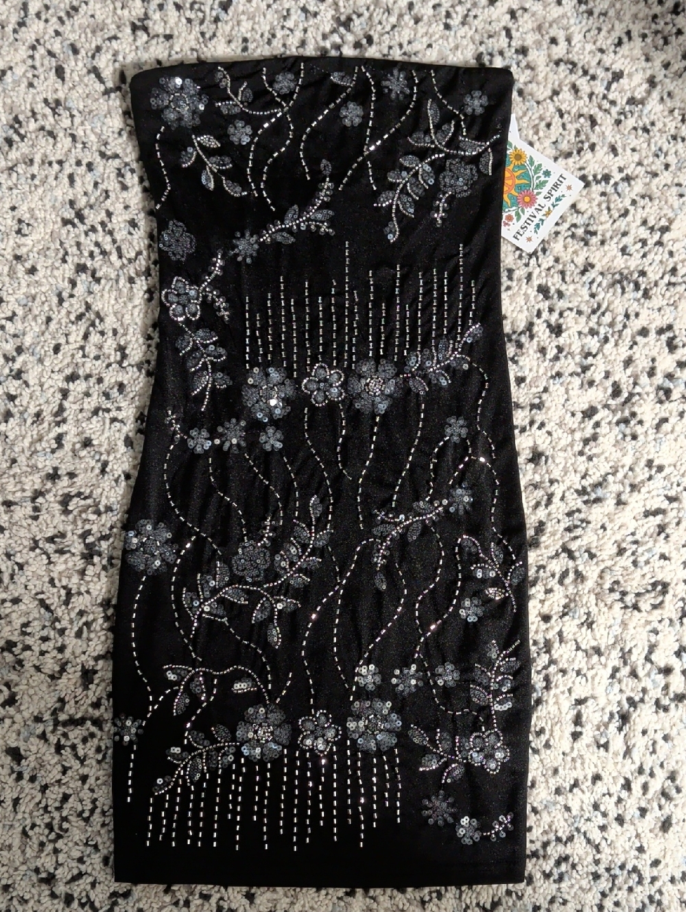 ​90s Grunge Vibe Black Strapless Sequin Floral Festival Dress F21 Sz S